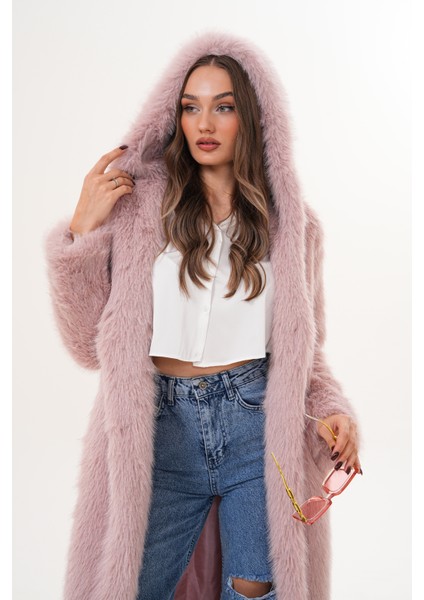 Tam Boy Kapişonlu Tüylü Kaban