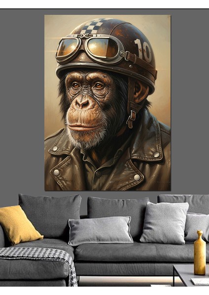 Motorsiklet Kasklı Maymun Portresi Dekoratif Kanvas - Mdf Ahşap Tablo