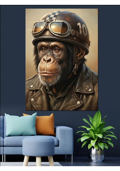 Motorsiklet Kasklı Maymun Portresi Dekoratif Kanvas - Mdf Ahşap Tablo modelleri