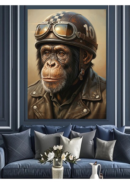 Motorsiklet Kasklı Maymun Portresi Dekoratif Kanvas - Mdf Ahşap Tablo indirimleri