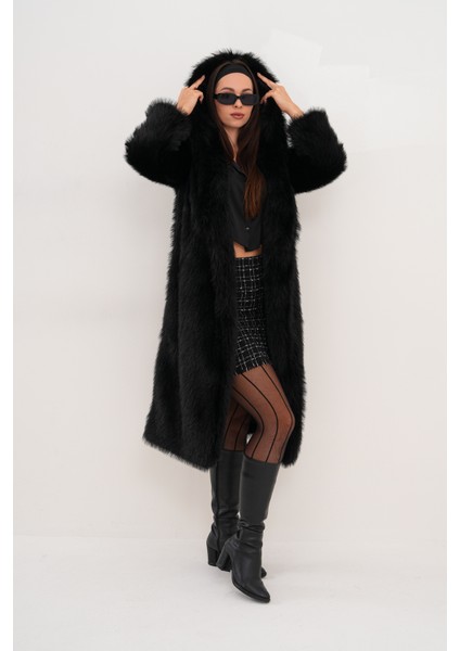 Tam Boy Kapişonlu Tüylü Kaban