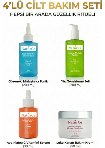 Cilt Bakim Seti 4 Lü C Vitamin Serum - Leke Giderici Krem - Tonik- Yüz Temizleme Jeli