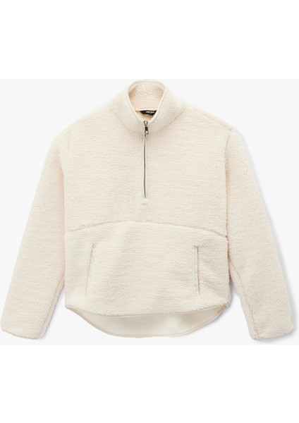 Uzun Kollu Cepli Yarım Fermuarlı Spor Peluş Sweatshirt