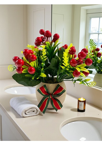 Yılbaşı Kokina Aranjmanı 20 cm Kırmızı Berry Yapay Çiçek Plastik Saksıda Yeni Yıl Masa Dekoru Hediye ve Ev Süsü fiyatları