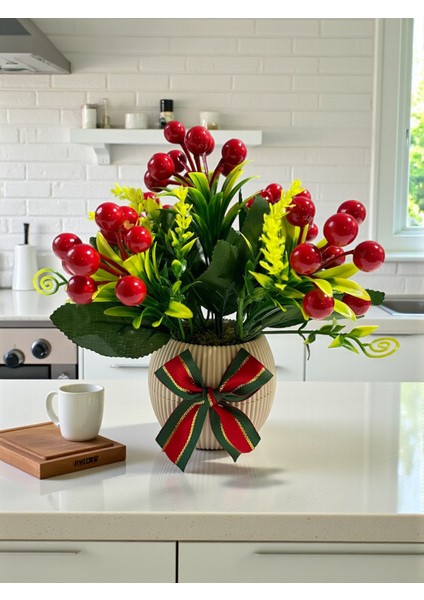 Yılbaşı Kokina Aranjmanı 20 cm Kırmızı Berry Yapay Çiçek Plastik Saksıda Yeni Yıl Masa Dekoru Hediye ve Ev Süsü modelleri