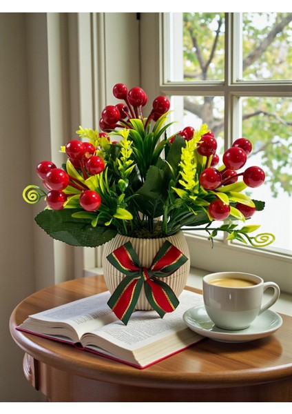Yılbaşı Kokina Aranjmanı 20 cm Kırmızı Berry Yapay Çiçek Plastik Saksıda Yeni Yıl Masa Dekoru Hediye ve Ev Süsü