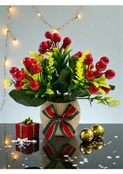 Yılbaşı Kokina Aranjmanı 20 cm Kırmızı Berry Yapay Çiçek Plastik Saksıda Yeni Yıl Masa Dekoru Hediye ve Ev Süsü