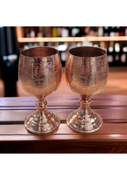 2'li Set Bakır Bardak Bakır Zemzem Bardağı 10*5 cm Küçük Boy Ayaklı Bardak Lazer Işlemeli Maşrapa
