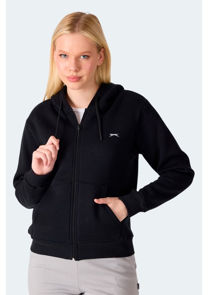 Slazenger MILIO I Kadın Fermuarlı Kapüşonlu Cepli Siyah Sweatshırt