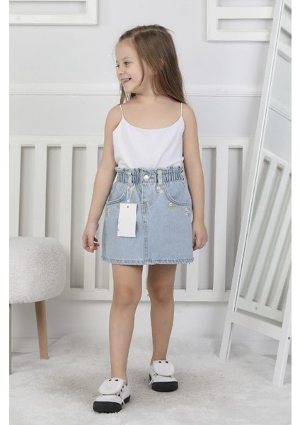 Cep Çiçekli Kız Çocuk Kot Etek