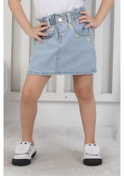 Cep Çiçekli Kız Çocuk Kot Etek