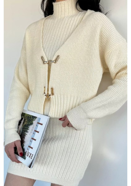 Kadın Gold Detaylı Hırka Kombinli Triko Elbise P-00019666