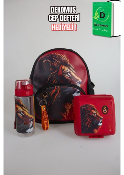 Dekomus Ile Lisanslı Galatasaray Küçük Boy 32 cm Anaokul ÇANTASI,500 ml Matara ve Beslenme Kabı Seti