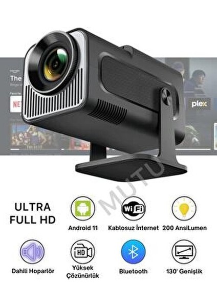 HY320 Siyah Taşınabilir Sinema Projektörü 4K 1080P 10 W Güçlü Bluetooth Akıllı Projeksiyon Wifi
