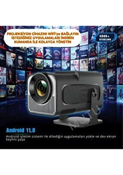 HY320 Siyah Taşınabilir Sinema Projektörü 4K 1080P 10 W Güçlü Bluetooth Akıllı Projeksiyon Wifi