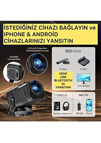 HY320 Siyah Taşınabilir Sinema Projektörü 4K 1080P 10 W Güçlü Bluetooth Akıllı Projeksiyon Wifi