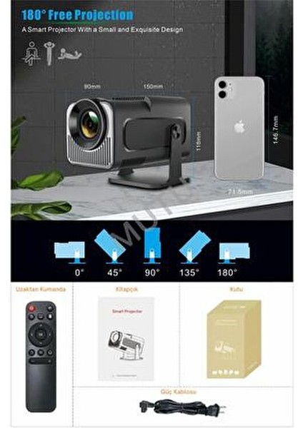 HY320 Siyah Taşınabilir Sinema Projektörü 4K 1080P 10 W Güçlü Bluetooth Akıllı Projeksiyon Wifi