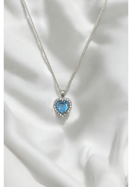 (Premium Işıklı Kutulu) 925 Ayar Gümüş Mavi Taşlı Pırlanta Kalp Model Kadın Kolye fiyatları