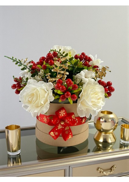 Yapay Çiçek Aranjmanı Yılbaşı Kokinalar & Krem Güller 30 cm Masa Üstü Dekor Hediye Çiçek Silindir Kutu