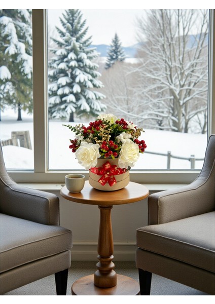 Yapay Çiçek Aranjmanı Yılbaşı Kokinalar & Krem Güller 30 cm Masa Üstü Dekor Hediye Çiçek Silindir Kutu