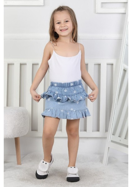 Kız Çocuk Beli Lastikli Katlı Jean Şortlu Mavi Etek