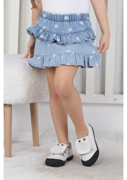 Kız Çocuk Beli Lastikli Katlı Jean Şortlu Mavi Etek fiyatları
