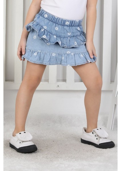 Kız Çocuk Beli Lastikli Katlı Jean Şortlu Mavi Etek modelleri