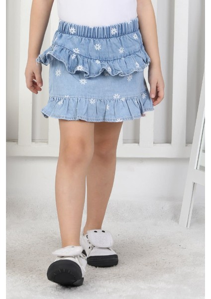 Kız Çocuk Beli Lastikli Katlı Jean Şortlu Mavi Etek