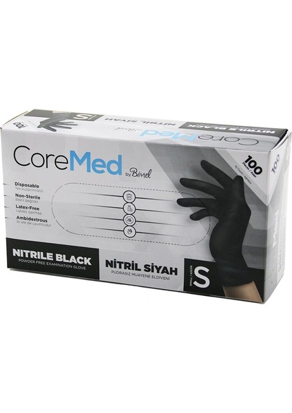 S Beden Siyah Pudrasız Nitril Muayene Eldiveni 100LÜ (5047)