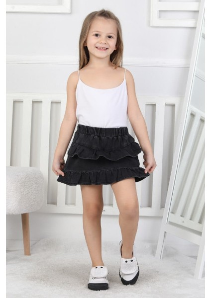 Kız Çocuk Beli Lastikli Katlı Jean Şortlu Siyah Etek