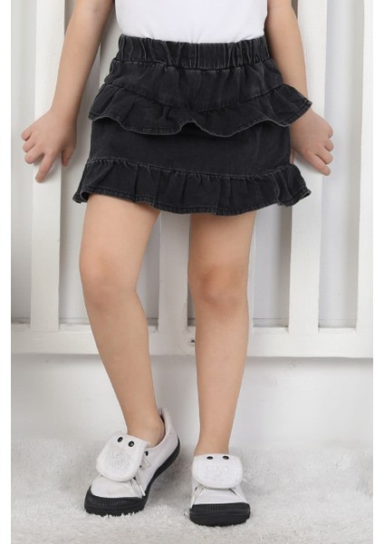 Kız Çocuk Beli Lastikli Katlı Jean Şortlu Siyah Etek fiyatları