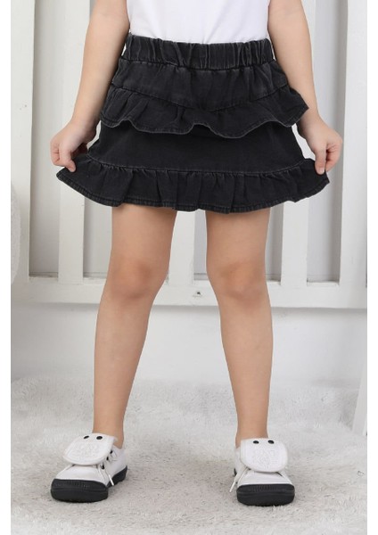 Kız Çocuk Beli Lastikli Katlı Jean Şortlu Siyah Etek modelleri