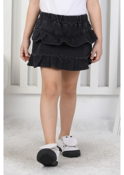 Kız Çocuk Beli Lastikli Katlı Jean Şortlu Siyah Etek