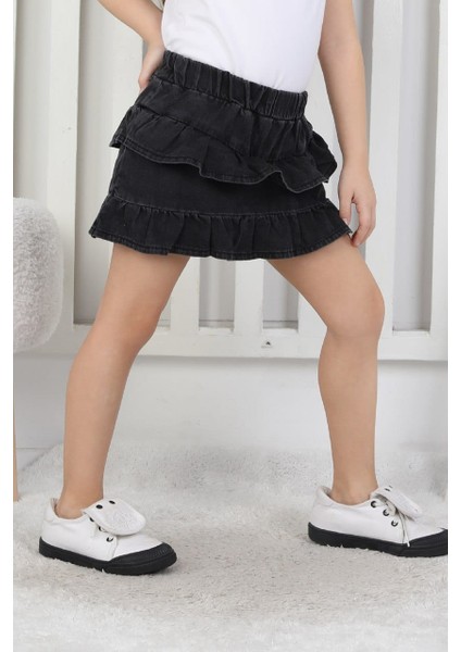 Kız Çocuk Beli Lastikli Katlı Jean Şortlu Siyah Etek