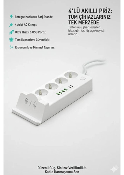 Akım Korumalı Priz ve Masaüstü Şarj Istasyonu Kablosuz 4 Priz ,4 Usb, 2 Type-C Girişli 2 Metr modelleri
