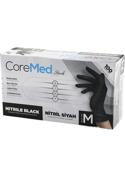 M Beden Siyah Pudrasız Nitril Muayene Eldiveni 100LÜ (5047)