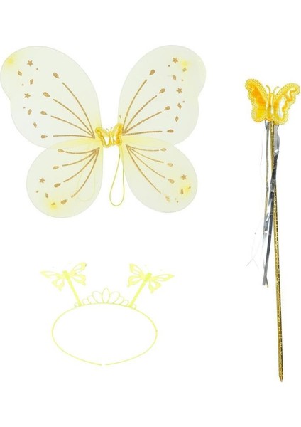 Sarı Kelebek Erkek-Kız Seti – 50 cm Kelebek Kanadı, Taç ve Asa