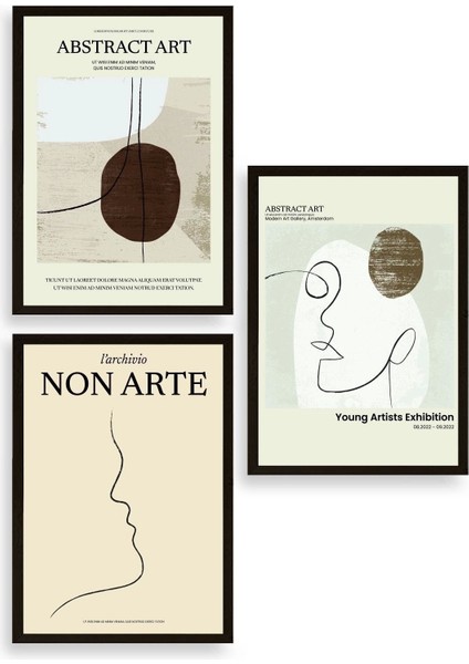 Soyut Sanat Üçlü Ahşap Çerçeveli Tablo