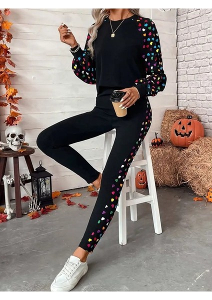 Kadın Uzun Kollu Bisiklet Yaka Desenli Viskon Iki Iplik Bluz ve Pantolon Ikili Takım