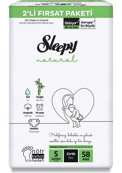 Natural Bebek Bezi 2'li Fırsat Paketi 5 Beden 58 Adet