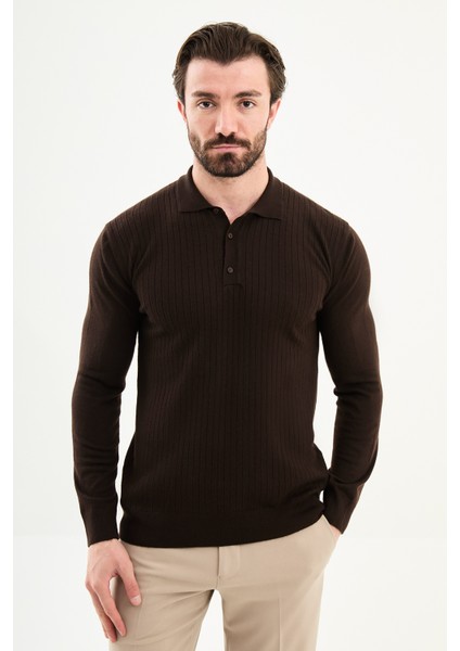Fitilli Slim Fit Polo Yaka Erkek Triko Kazak