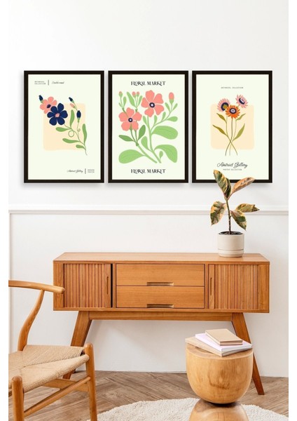 Flower Market Üçlü Ahşap Çerçeveli Tablo modelleri