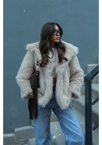 Kadın Bej Suni Kürk Ceket