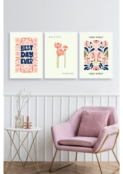 Flower Market Üçlü Ahşap Çerçeveli Tablo