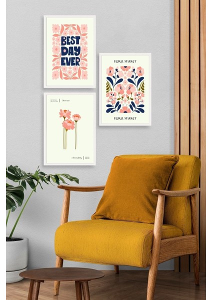Flower Market Üçlü Ahşap Çerçeveli Tablo modelleri