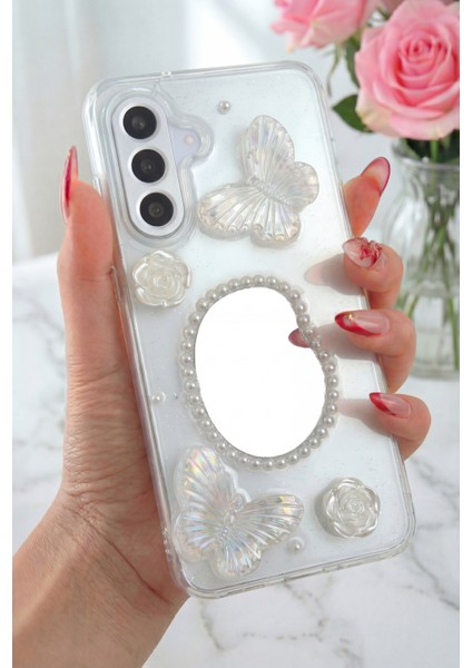 Samsung Galaxy A35 Kılıf 3D Kelebek Gül Desenli Aynalı Simli Şeffaf Tasarımlı Silikon Kapak