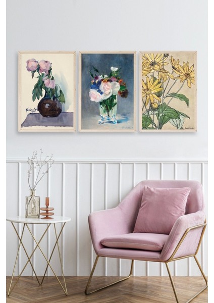 Vazodaki Çiçekler Üçlü Ahşap Çerçeveli Tablo fiyatları