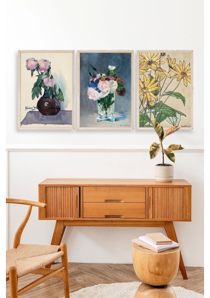 Vazodaki Çiçekler Üçlü Ahşap Çerçeveli Tablo modelleri