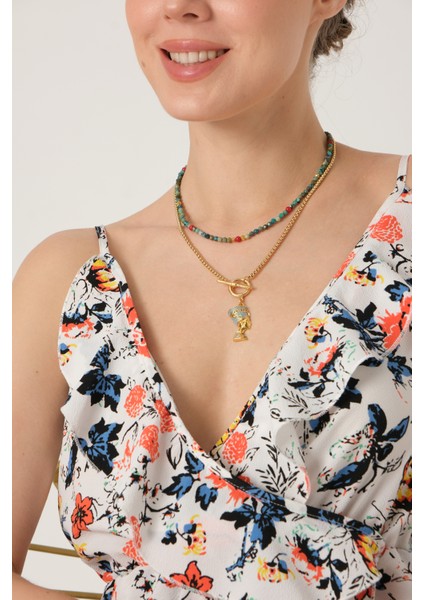 Renkli Doğal Taşlı Gold Zincirli Kolye