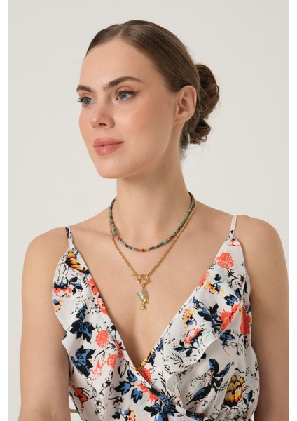 Renkli Doğal Taşlı Gold Zincirli Kolye fırsatları